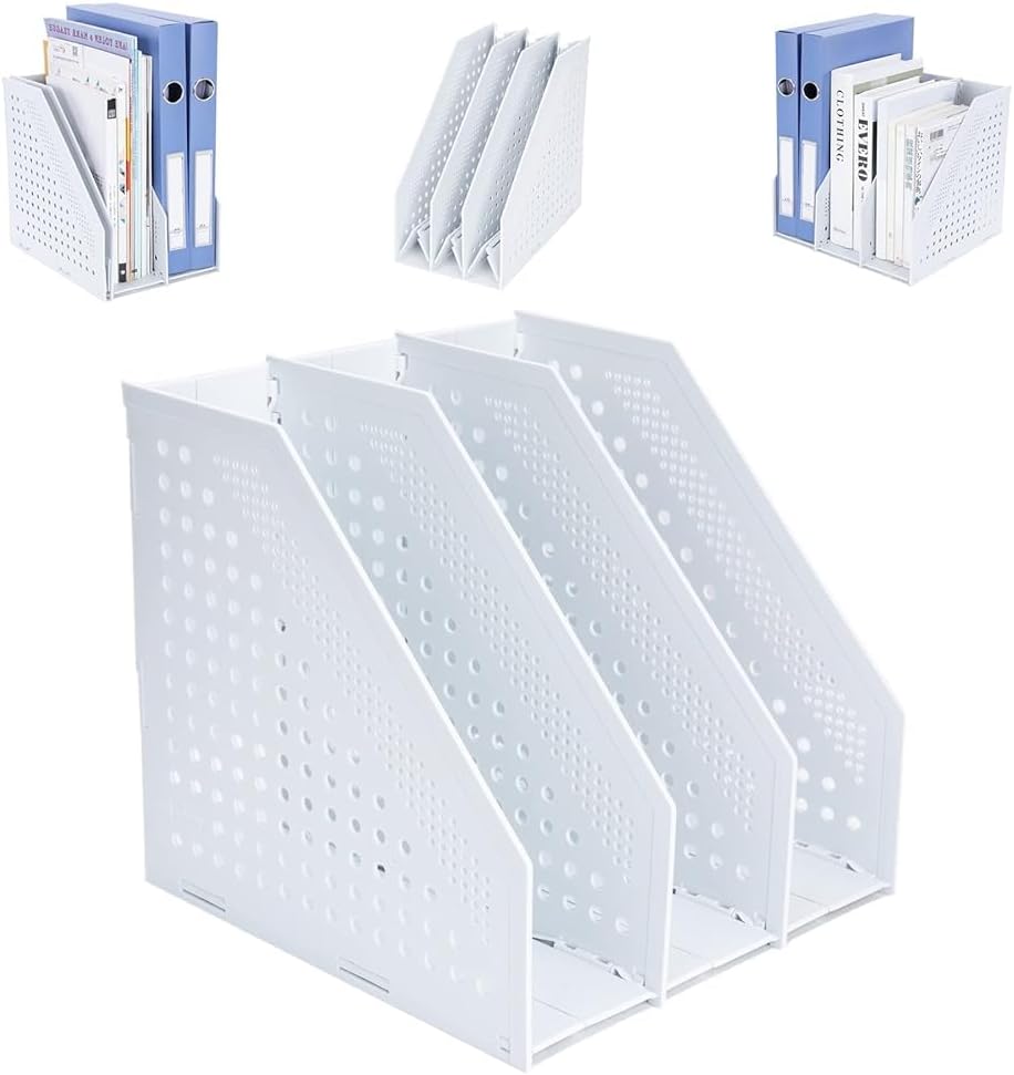 FRETONBA Collapsible Magazine File Holder with 2 Vertical Compartments Foldable Binder Holder for Desk Binder Storage Organizer Plastic Magazine Holders for Shelf, Light Gray