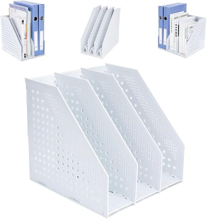 FRETONBA Collapsible Magazine File Holder with 2 Vertical Compartments Foldable Binder Holder for Desk Binder Storage Organizer Plastic Magazine Holders for Shelf, Light Gray
