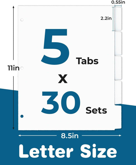 Dynta Binder Dividers for 3 Ring Binder 30 Sets, 1/5 Cut Tabs, Letter Size, White Binder Dividers Blank for School, Office and Home
