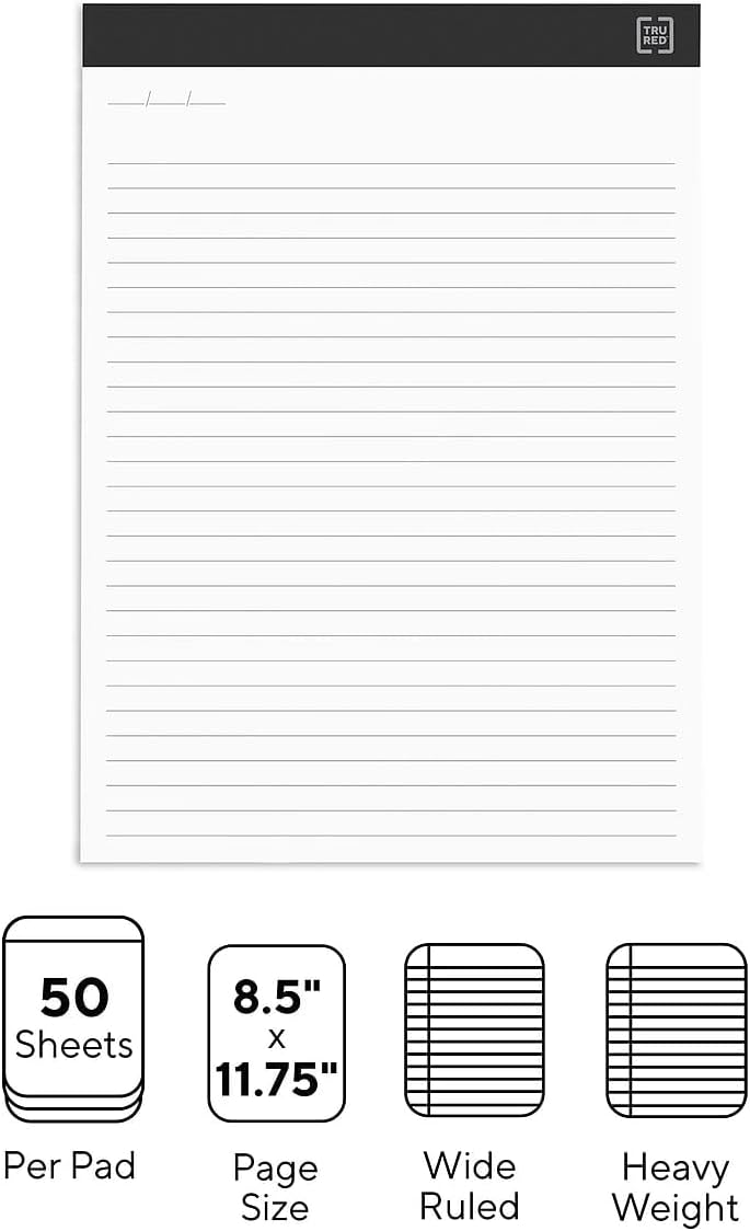 TRU RED Notepads, 8.5” x 11.75”, Wide Ruled, Canary, 50 Sheets/Pad, 12‑Pack