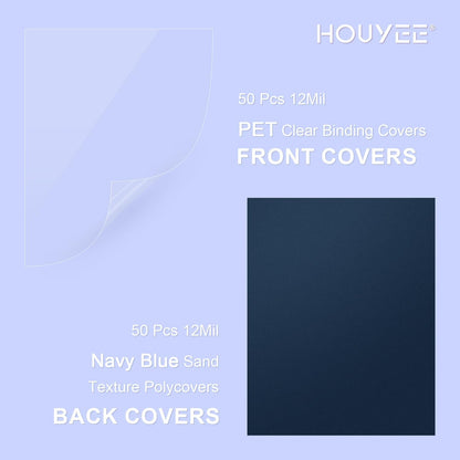 HOUYEE 120 Pack Binding Covers and Backs Set, 8.5x11 Inches, Including 60 Pcs 10 Mil Clear Binding Covers, 60 Pcs 12 Mil Black Plastic Sand Texture Polycovers, Letter Size