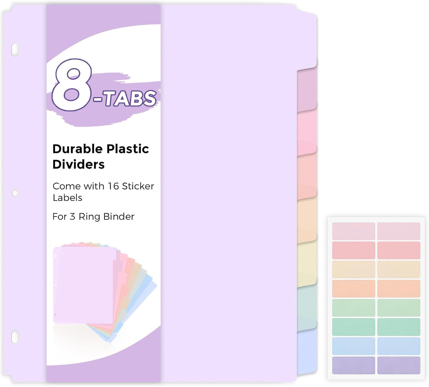 SKYDUE 8 Tab Durable Plastic Dividers, Big Tab Dividers for 3 Ring Binder, Letter Size,Write & Erase Binder Dividers with Tabs, with Sticker Labels, 1 Set, Aesthetic Pastels Binder Dividers