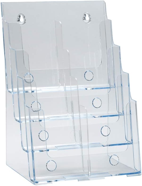 Azar Displays 252376 Four Tier, Four Pocket Letter Brochure File Holder for Flyer, Office Supplies, Paper Document or Magazines, Clear Organizer for Wall and Counter Desktop Stand, 8.5" x 11"