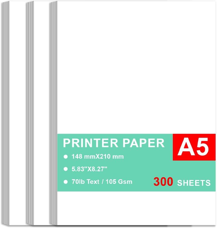 A5 Printer Paper - 100 Sheets, A5 Premium Bright White Paper, 28lb Bond / 70lb Text (105 gsm) Bright White Paper – Great for Copy, Printing, Writing, 5.83" x 8.27" (148 x 210 mm)