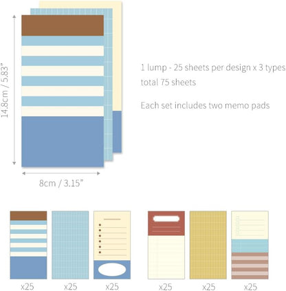 Monolike Memopad Memories design B SET - 4 Packs, 4 Different Designs, 100 Sheets Per Pad, Total 400 Sheets, Note pads, Writing pads, 3.15 x 4.17 Inches