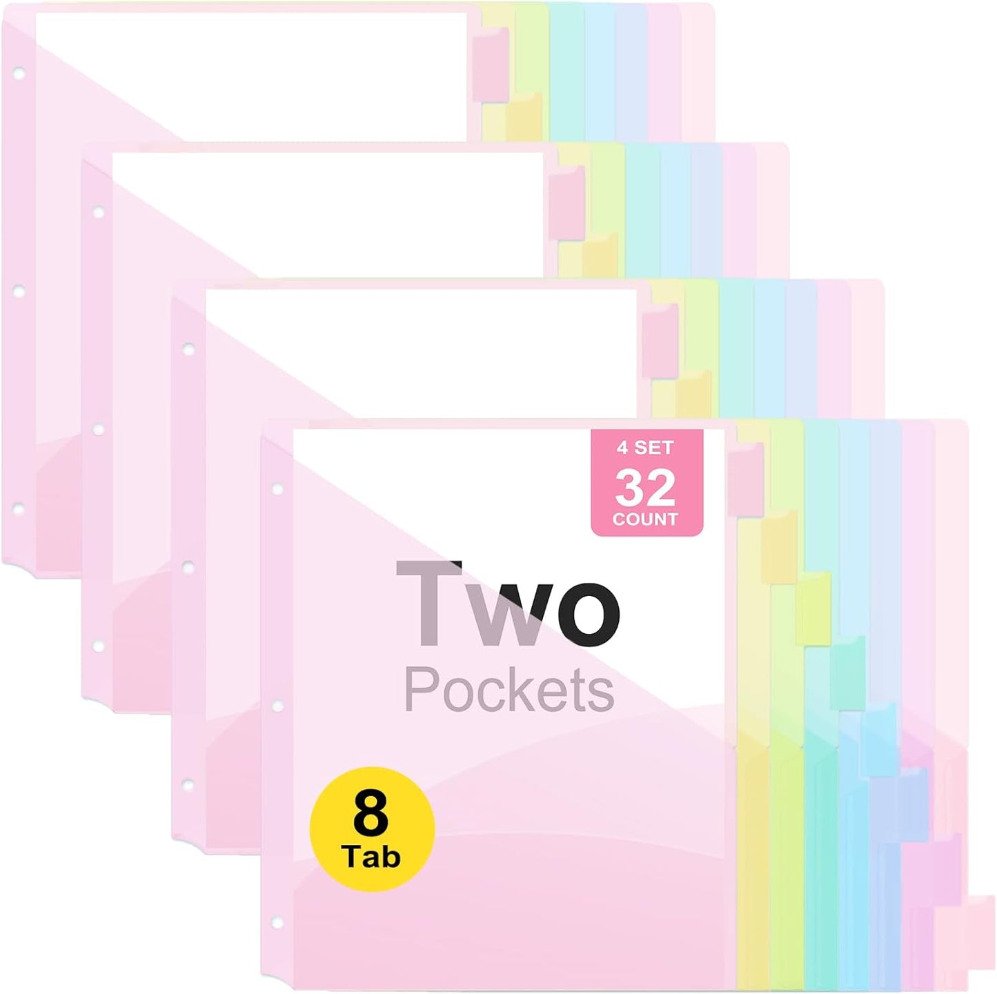 8 Count Binder Dividers with Two Pockets, 8 Tabs Binder Dividers for 3 Ring Binder Letter Size, Durable Plastic Binder Divider with Tabs, Insertable Big Tabs, 1 Set, Pastel