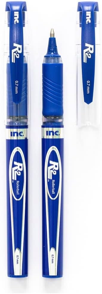 INC 0.7 mm R-2 Roller Ball Pen,Controlled Ink Flow System, Blue Ink, Comfort Grip, 2 pack