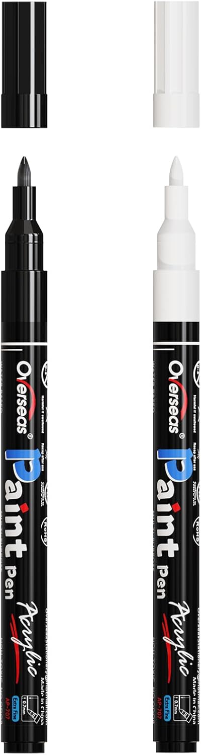 Overseas White Acrylic Paint Pens 2 Pack, 0.7mm Extra Fine Tip Permanent Markers, Water-Based, Quick Drying, Waterproof, Non Toxic Paint Markers for Wood, Metal, Rock, Plastic, Glass, Canvas, Fabric