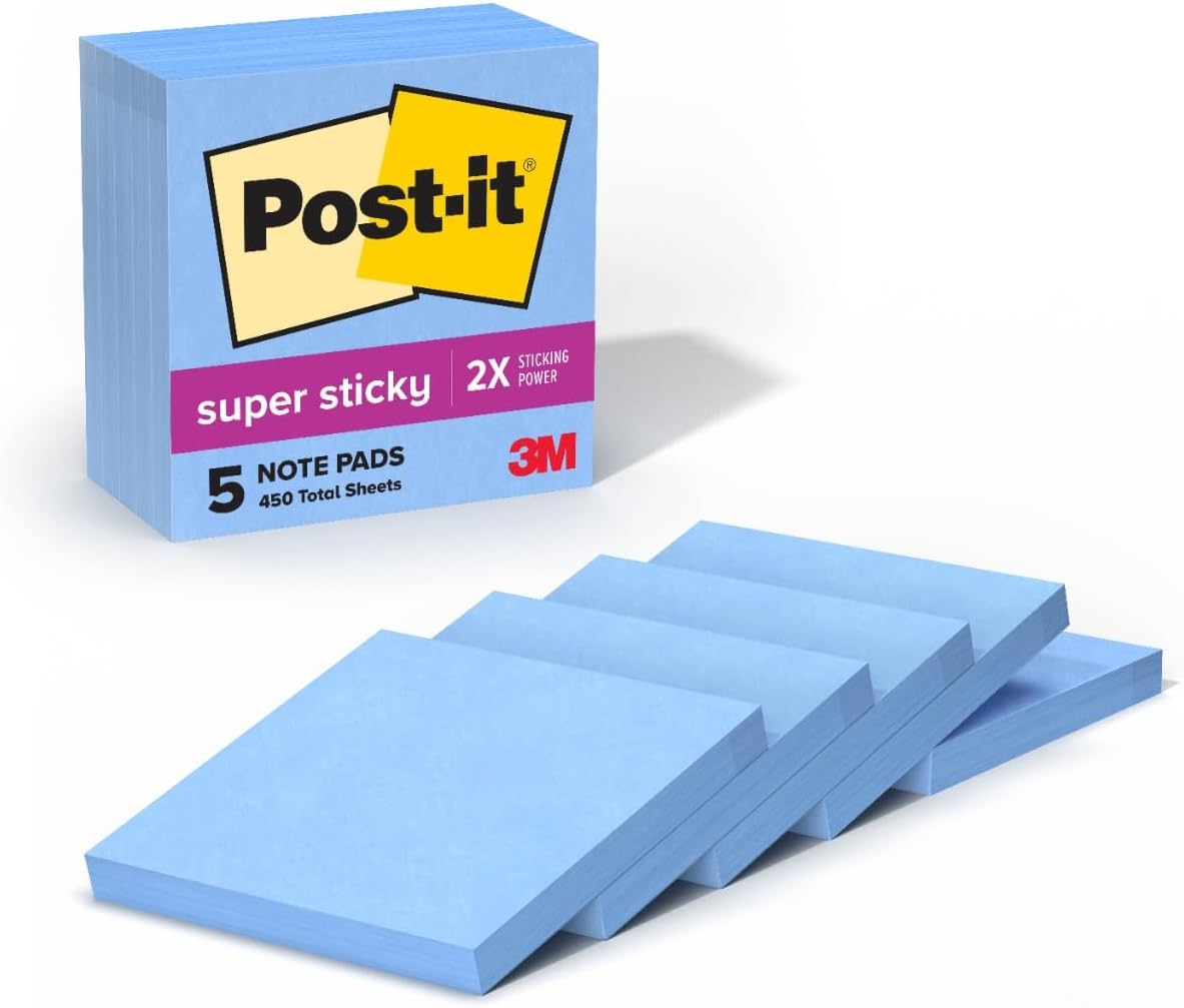 Post-it Super Sticky Notes, 5 Sticky Note Pads, 3 x 3 in., School Supplies, Office Products, for Vertical Surfaces, Monitors, Walls and Windows, First Snow White