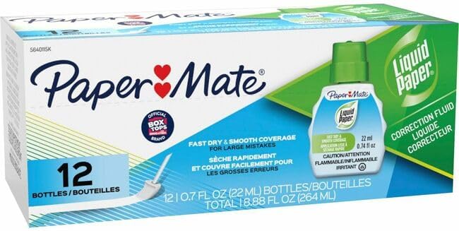 Paper Mate PAP5640115K 22 ml Liquid Paper Fast Dry Correction Fluid Bright White - Pack of 12