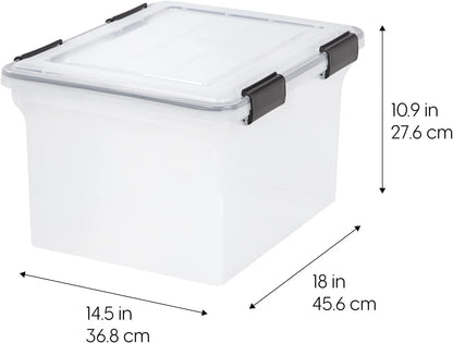 IRIS USA File Box, File Organizer w/Hinged Split Lid for Letter File, Important Document Box, Plastic Storage Filing Bin for Moving, Stackable Nestable Portable, Pearl 44 Qt. 4 Pack