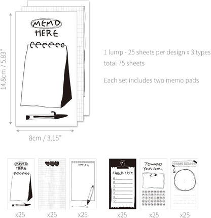 Monolike Memopad Memories design B SET - 4 Packs, 4 Different Designs, 100 Sheets Per Pad, Total 400 Sheets, Note pads, Writing pads, 3.15 x 4.17 Inches