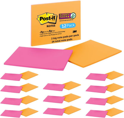 Post-it Super Sticky Lined Notes, 4 Sticky Note Pads, 8 x 6 in., School Supplies, Office Products, Sticky Notes for Vertical Surfaces, Monitors, Walls and Windows, Energy Boost Collection