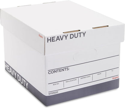 STAPLES Storage & Filing Box, Medium-Duty with Handles & Removeable Lid, Letter Size Documents, Stackable, 12-Pack, White/Gray