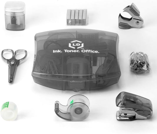 LD Products Blue Mini Office Supply Kit Portable Case with Scissors, Paper Clips, Tape Dispenser Set, Pencil Sharpener, Mini Stapler with Staples and Staple Remover