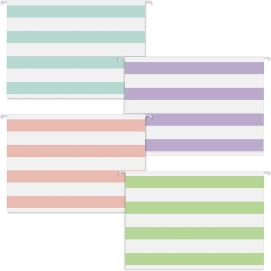 24 Pack Hanging File Folders Letter Size 1/5 Cut Adjustable Tab Macaron Striped Hanging File Organizer and Interior Folders Holder for Home Office Paper Organization, 11.7 x 9.3 Inch (Stripe Style)