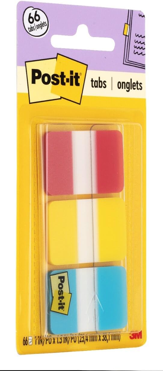 Post-it Tabs, 1 in, Solid, Red, Yellow, Blue, 22 Tabs/Color, 66 Tabs/On-the-Go Dispenser (686-RYB)