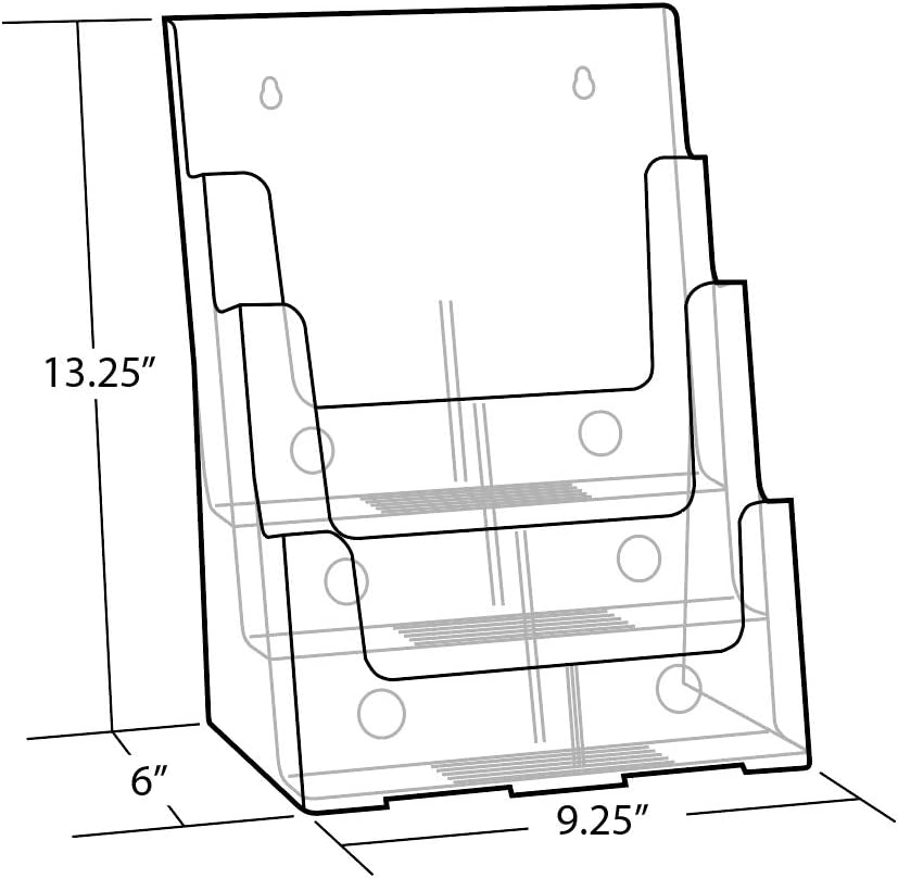 Azar Displays 252376 Four Tier, Four Pocket Letter Brochure File Holder for Flyer, Office Supplies, Paper Document or Magazines, Clear Organizer for Wall and Counter Desktop Stand, 8.5" x 11"