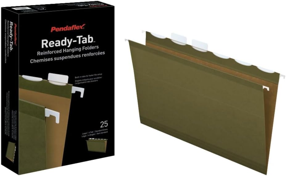Pendaflex Ready-Tab Reinforced Hanging File Folders, Letter Size, Standard Green, 5 Tab, 25/BX (42590)