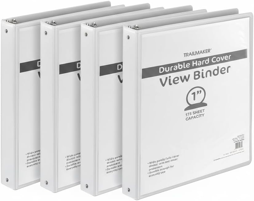 Trail Maker 1 inch Binders (50 Pack), 3 Ring Hardcover Binders in Bulk with Clear View Cover, Pockets for Classroom, Office, Portfolios | Bulk School, Teacher, Office Supplies (White Only Pack)