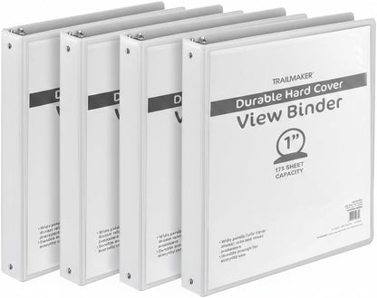 Trail Maker 1 inch Binders (50 Pack), 3 Ring Hardcover Binders in Bulk with Clear View Cover, Pockets for Classroom, Office, Portfolios | Bulk School, Teacher, Office Supplies (White Only Pack)