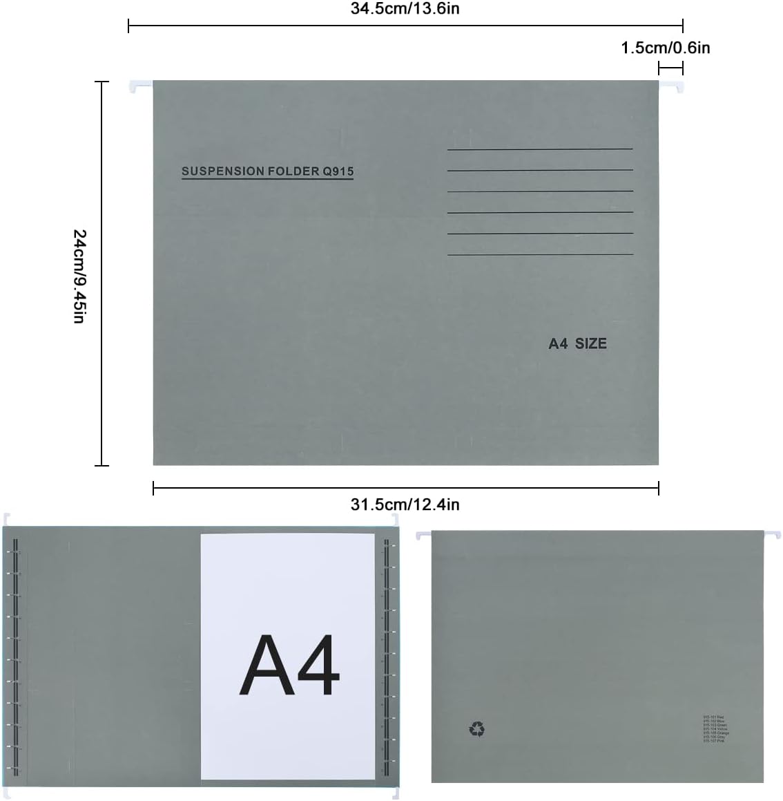 A4 Hanging File Folders, 25 Pcs Recycled Card File Folders for Filing Cabinet with Tabs and Card Inserts, Hanging Files Storage Folders for Office and School, Gray