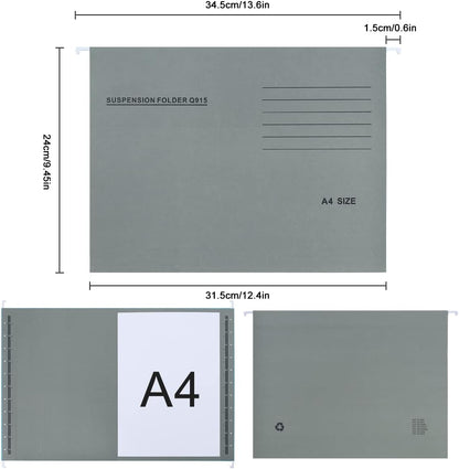 A4 Hanging File Folders, 25 Pcs Recycled Card File Folders for Filing Cabinet with Tabs and Card Inserts, Hanging Files Storage Folders for Office and School, Gray