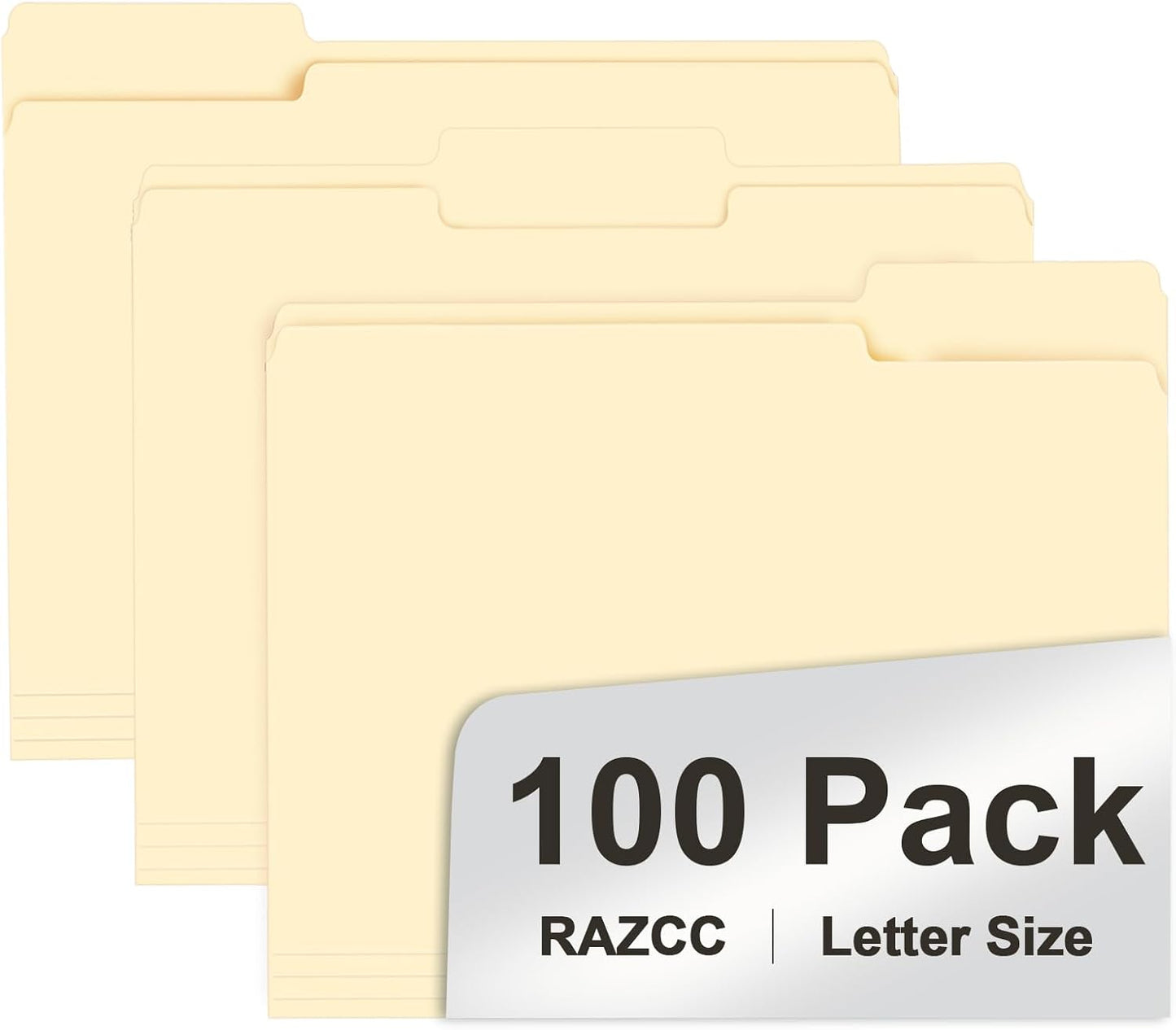 RAZCC File Folders, 100-Pack, 1/3 Cut, Letter Size, Yellow, Great for Organizing and Easy File Storage