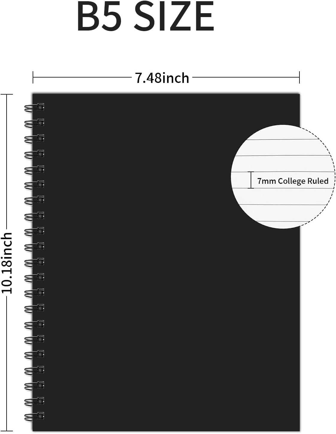 Lined Spiral Notebook B5 Black Journal 7.48'' X 10.18''-4 Pack 7mm College Ruled Hardcover Notebooks 160 Pages 100GSM Thick Paper for Note Taking School Office Supplies