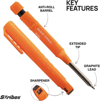 KLEIN TOOLS 80188 Skribes 2.8 mm Mechanical Carpenter Pencil with Built-In Sharpener and 10-Pack Graphite Lead Refills, for Deep Hole Marking for Woodworking and Construction