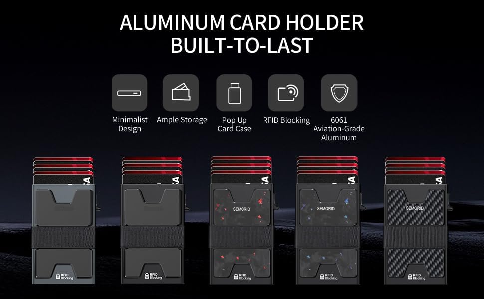 SEMORID Slim Aluminum Card Holder Wallet for Men, Durable Expandable Backplate, RFID Blocking Minimalist Metal Pop Up Wallet, Holds 12+ Cards Plus Cash (Black)