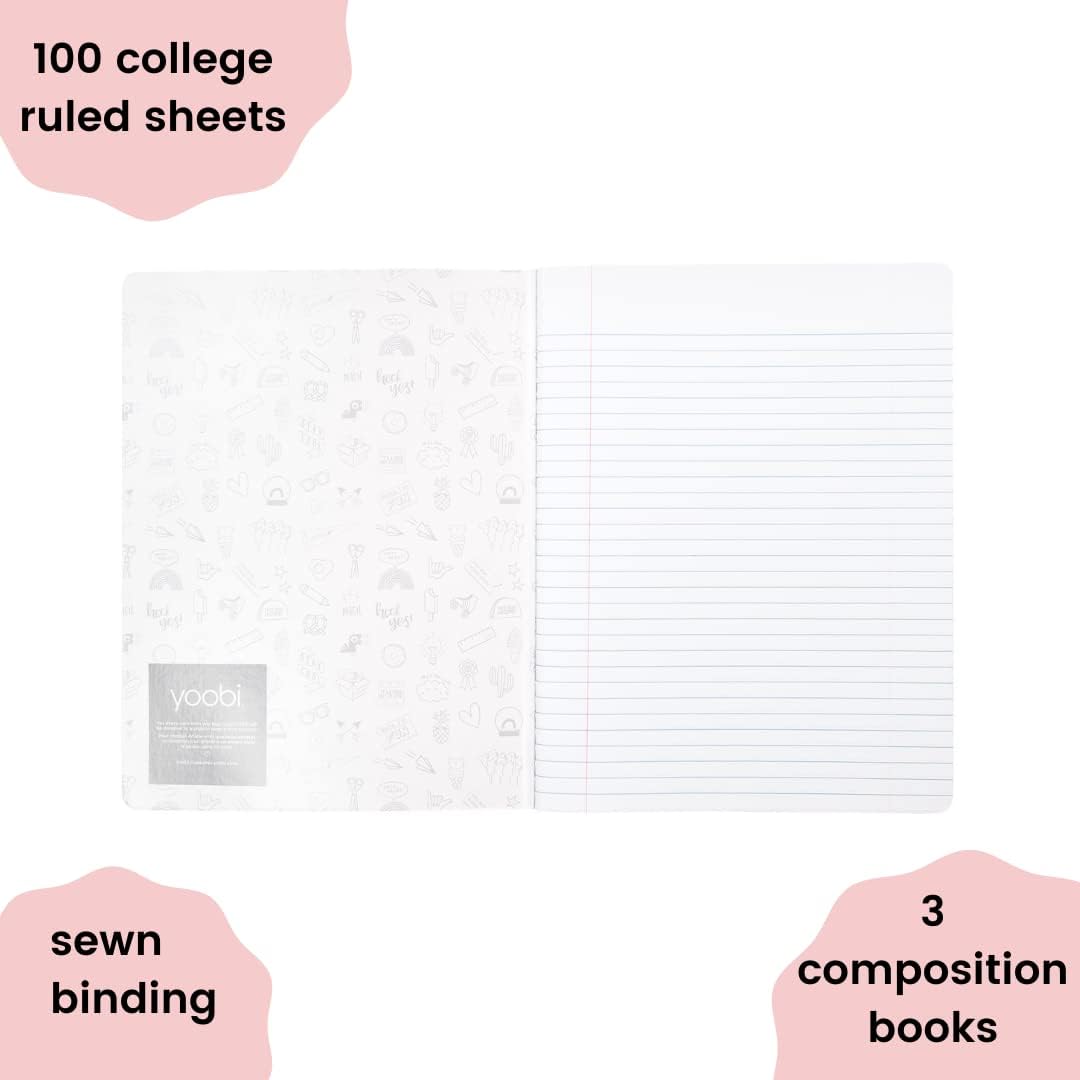 Yoobi College Ruled 8 x 10.5” Spiral Notebook Set – 3-Pack of 1 Subject Notebooks, Pink, Purple & Black Celestial Patterns – 150 Perforated 3-Hole Punched Sheets