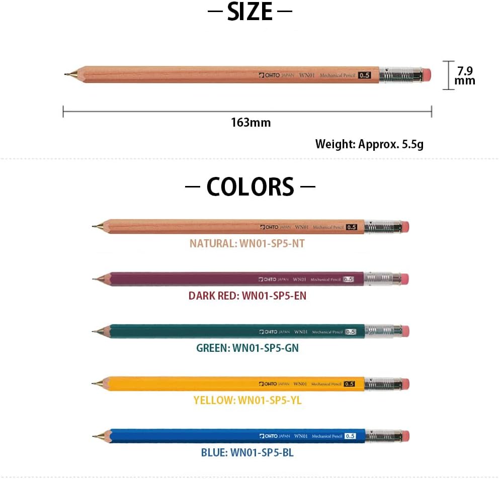 OHTO WN01 Wooden Mechanical Pencil, 0.5mm Fine Point, Standard Long Barrel, Green Body, Made from Incense Cedar, WN01-SP5-GN