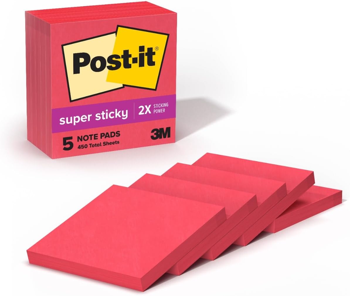 Post-it Super Sticky Notes, 5 Sticky Note Pads, 3 x 3 in., School Supplies, Office Products, for Vertical Surfaces, Monitors, Walls and Windows, First Snow White