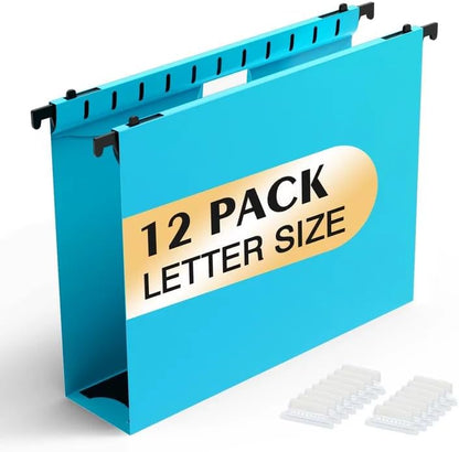 Shutex Extra Capacity Plastic Hanging File Folders,12 Pack Reinforced Hang Folders,Heavy Duty 2 Inch Expansion,Plastic Filing Cabinet Folders,Letter Size,Designed for Bulk Files, Medical Charts,Blue