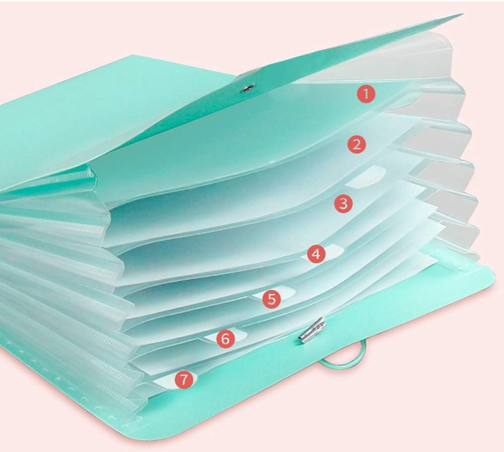 Vertical Expanding Accordion Folder with 7 Pockets Paperwork Organizer Document Wallet Briefcase Business File Organizer Bag A4 Letter Size Elastic Rope Closure Light Blue