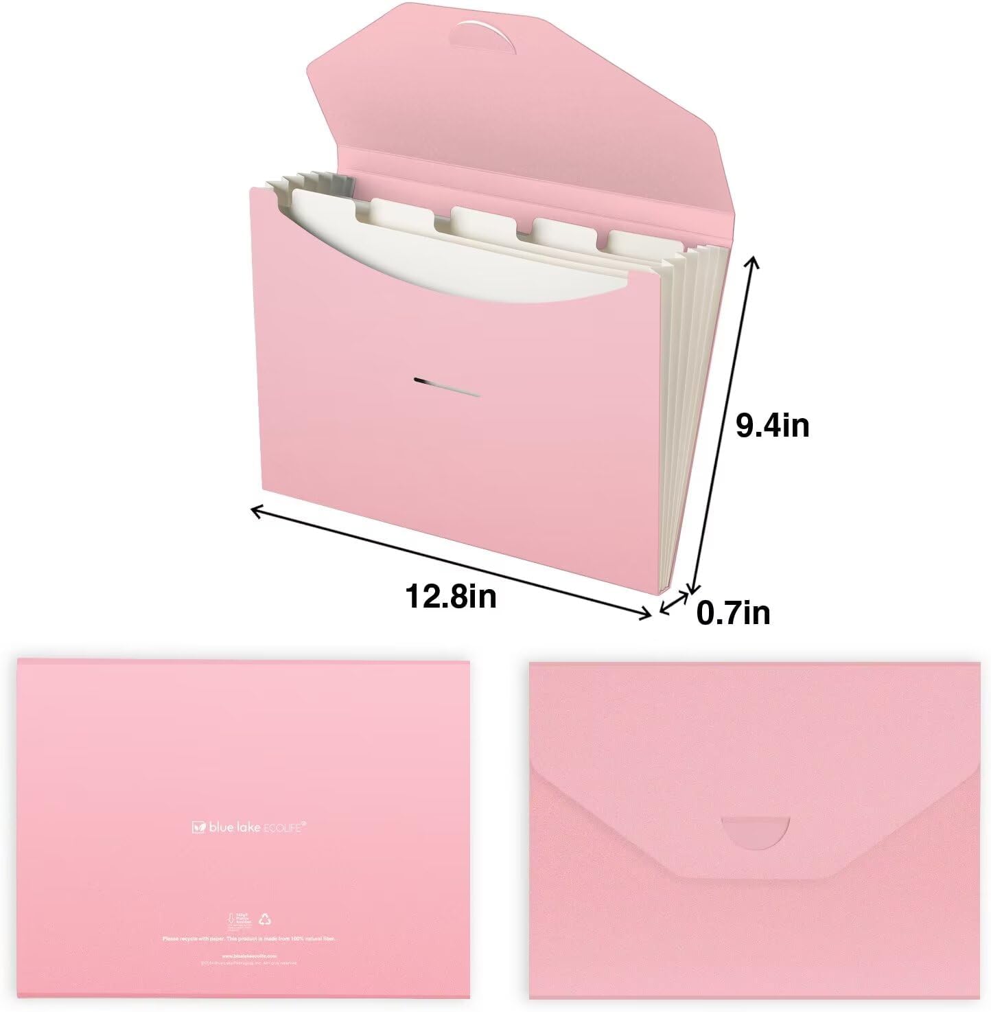 Blue Lake ECOLIFE Recyclable Paper 6-Pockets Expanding File Document Folder Plastic Free, Accordian File Organizer - A4 Letter Size, 200 Sheet Capacity for School, Office, Home Ruby