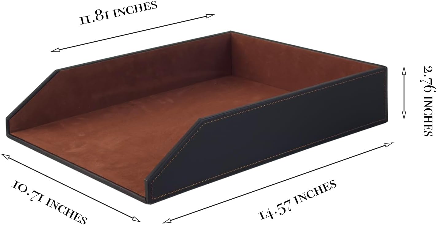 UnionBasic Stackable Document Paper Letter Tray, Faux Leather Desktop File Sorter Organizer Tray, Brown