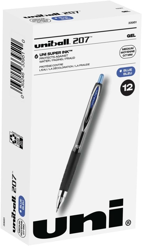 uni-ball 207 Retractable Gel Pens Medium Point, 0.7mm, Black, 12 Pack