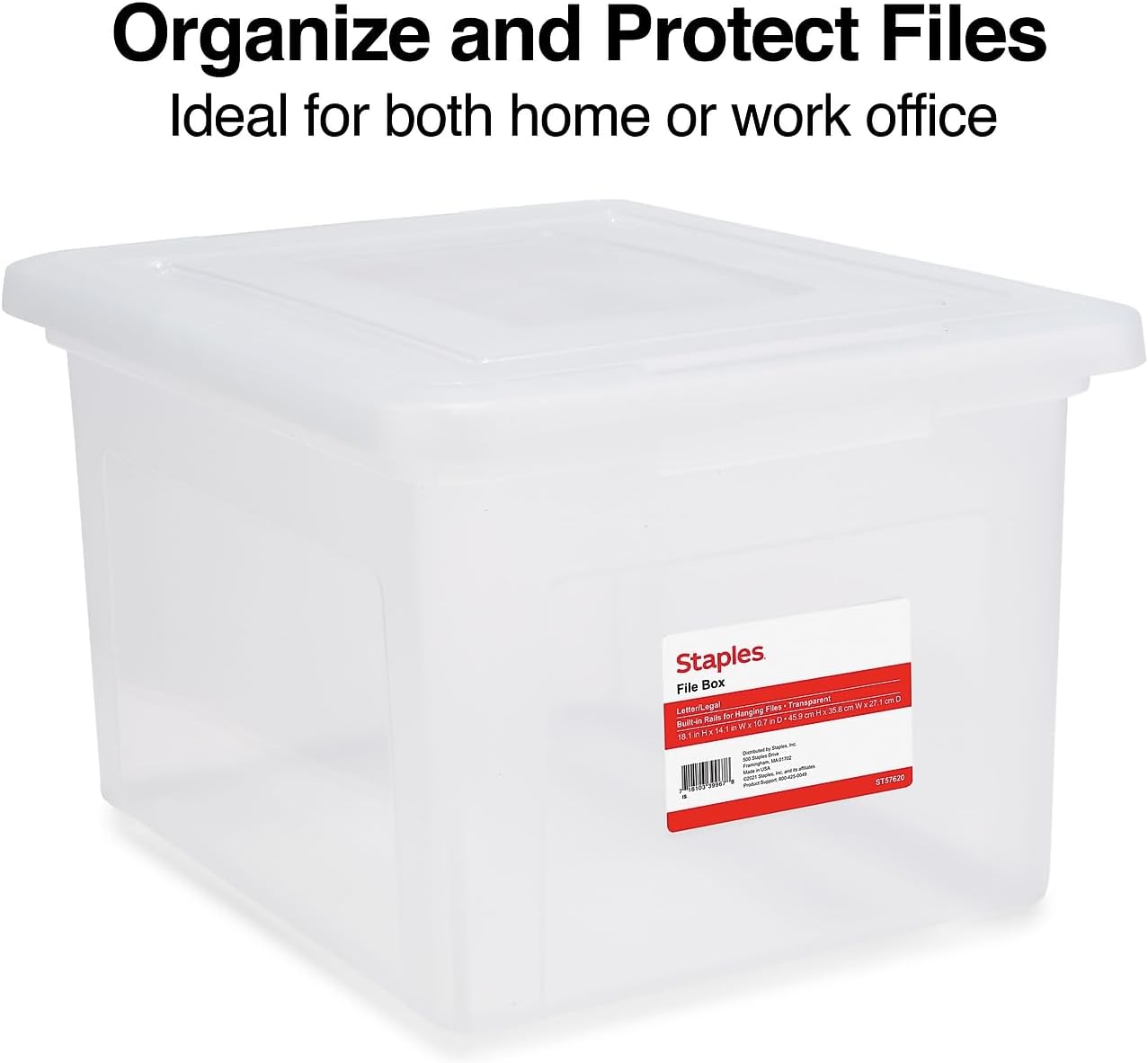 STAPLES File Folder Tote, Portable Filing Box for Letter SIze Hanging Folders, Security Latch & Built-In Lid Organizer, Black/Clear