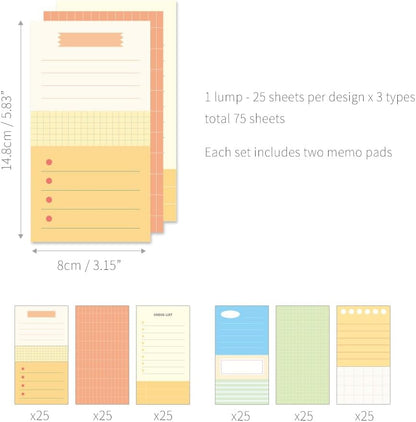 Monolike Memopad Memories design B SET - 4 Packs, 4 Different Designs, 100 Sheets Per Pad, Total 400 Sheets, Note pads, Writing pads, 3.15 x 4.17 Inches