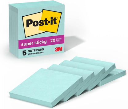 Post-it Super Sticky Notes, 5 Sticky Note Pads, 3 x 3 in., School Supplies, Office Products, for Vertical Surfaces, Monitors, Walls and Windows, First Snow White