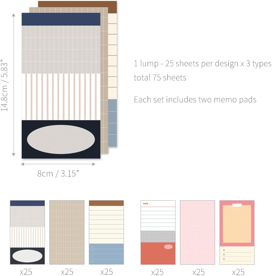 Monolike Memopad Memories design B SET - 4 Packs, 4 Different Designs, 100 Sheets Per Pad, Total 400 Sheets, Note pads, Writing pads, 3.15 x 4.17 Inches