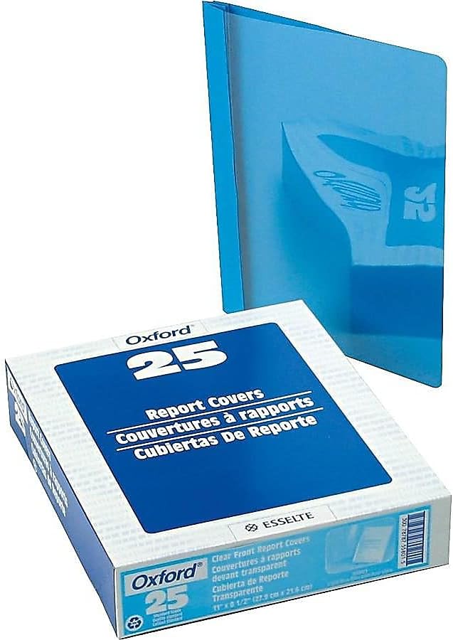 Oxford 55801 Clear Front Report Cover, 3 Fasteners, Letter, 1/2-Inch Capacity, Blue, 25/Box