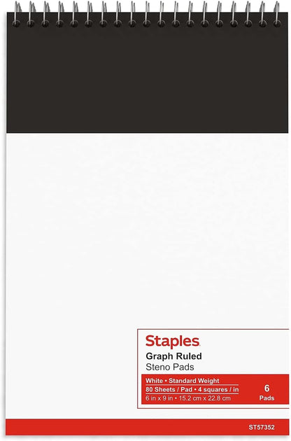 STAPLES Steno Pads, 6” x 9”, Graph Ruled, White, 80 Sheets/Pad, 18/Carton