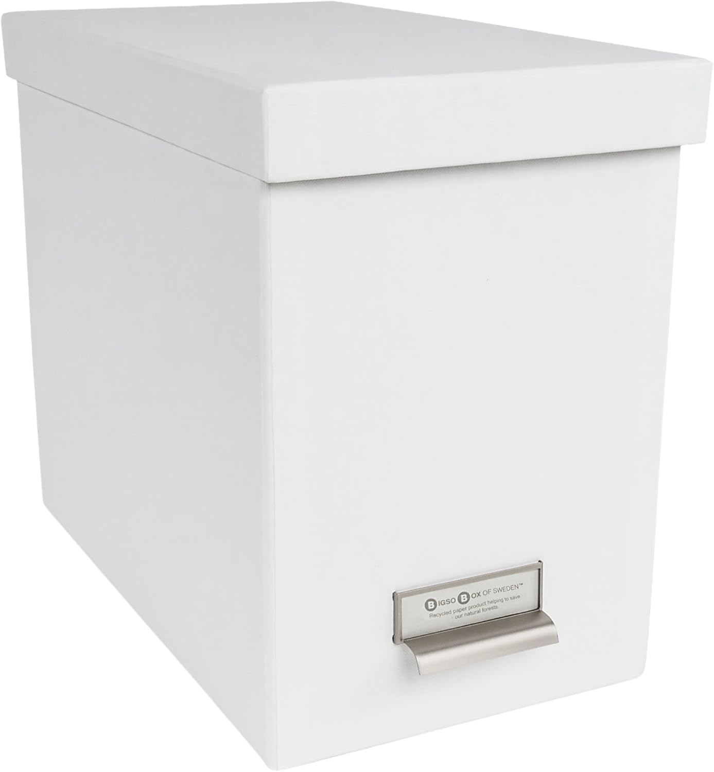 Bigso John Fiberboard Label Frame Desktop File Storage Box - Document Organizer for Important Paperwork - Durable Hanging File Box with a Lid & Metal Label Window - 7.36 x 13.38 x 10.51 in - White