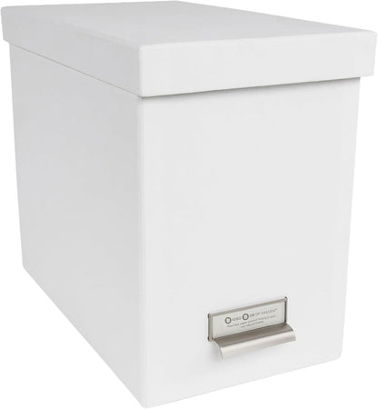 Bigso John Fiberboard Label Frame Desktop File Storage Box - Document Organizer for Important Paperwork - Durable Hanging File Box with a Lid & Metal Label Window - 7.36 x 13.38 x 10.51 in - White