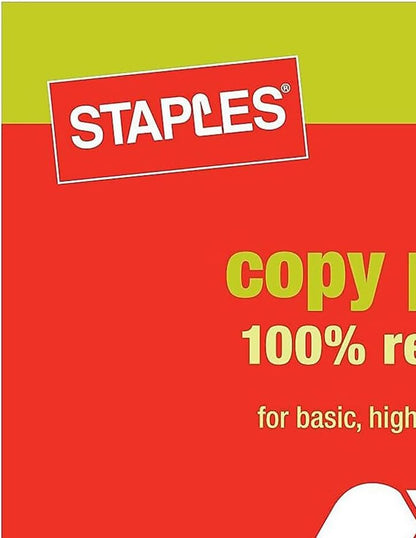 Staples 100% Recycled 8.5-Inch x 11-Inch Copy Paper 20 lbs 92B 500/Ream 10 Ream/Count, For Office, School & Home