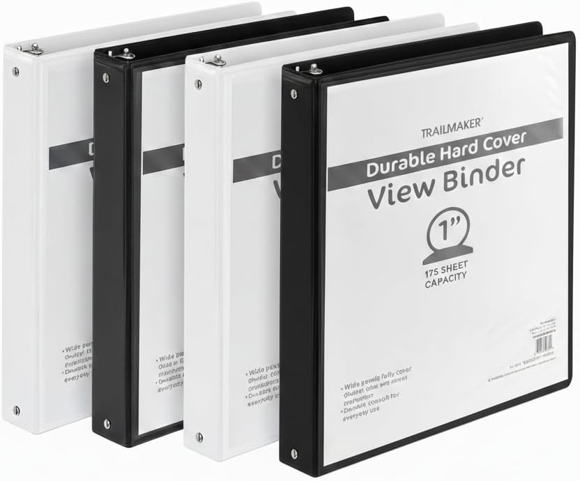 Trail Maker 1 inch Binders (50 Pack), 3 Ring Hardcover Binders in Bulk with Clear View Cover, Pockets for Classroom, Office, Portfolios | Bulk School, Teacher, Office Supplies (White Only Pack)