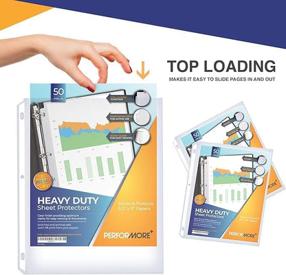 50 Sheet Protectors 8.5 x 11 for 3 Ring Binder, Heavy Duty, Clear Page Protectors, Polypropylene Plastic Sleeves for Paper, Top Loading, Acid Free, Reinforced Holes, Archival Safe - Performore